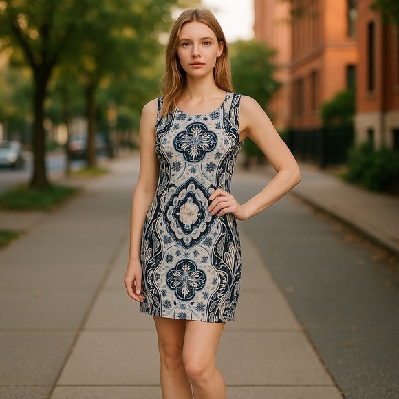 Charter Club Bodycon Elegant Blue and White Patterned Dress - Picture 1 of 10